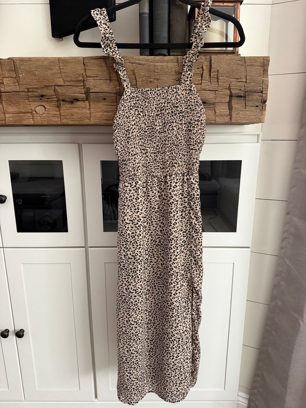 Abercrombie & Fitch Leopard Smocked Midi Dress S Ruffle Strap Side Slit Sundress